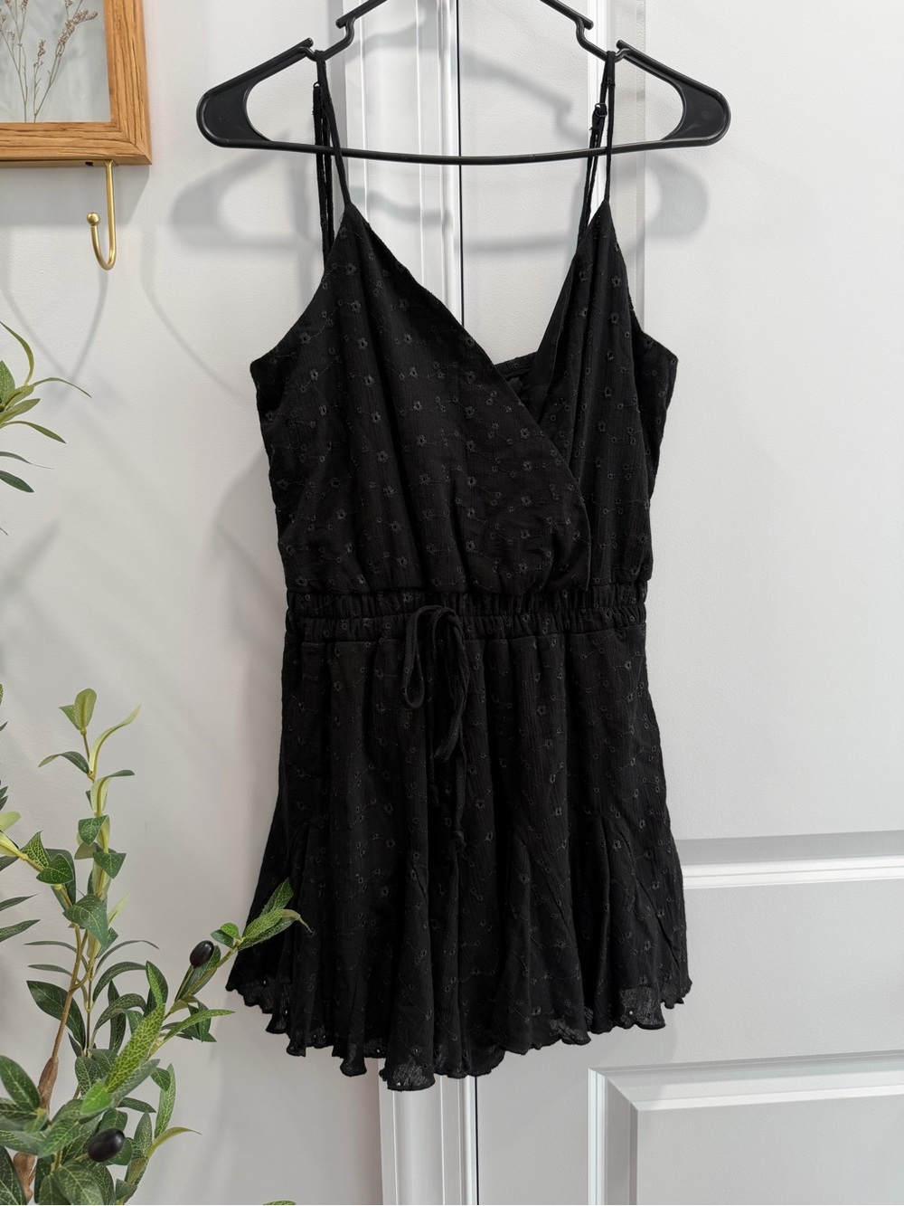 Black Women's V-Neck Romper with Drawstring Waist